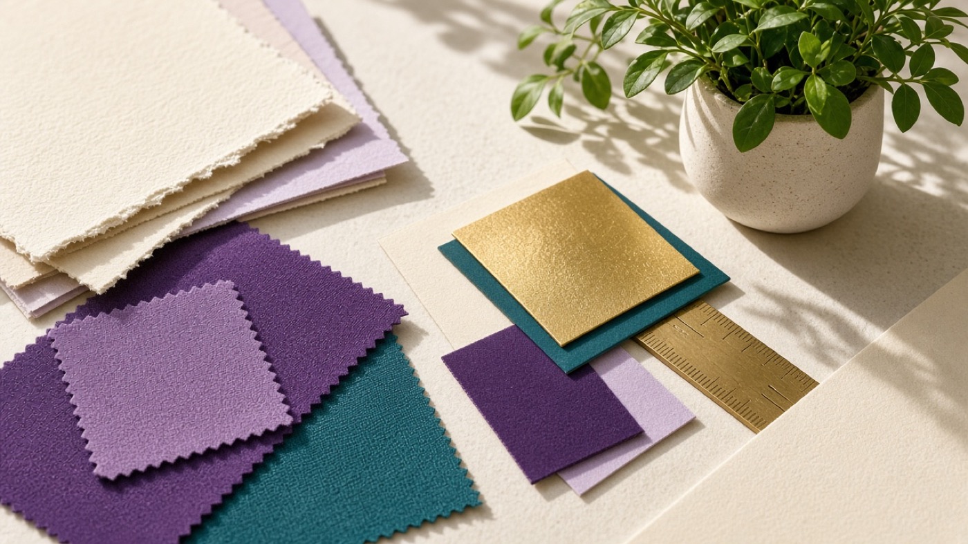 Color swatches in purple, gold, and teal